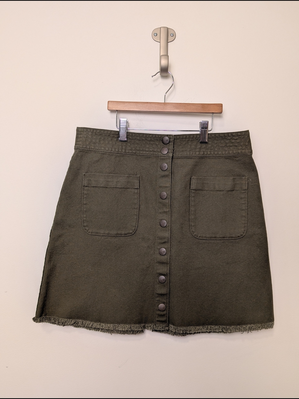 Madewell Olive Green Button-Front A-Line Patch pocket Mini Skirt Size 8